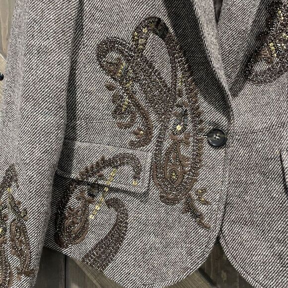 Talbots Taupe Paisley Blazer Embellished Wool Blend Single‎ Breasted Button 8 - Picture 3 of 13
